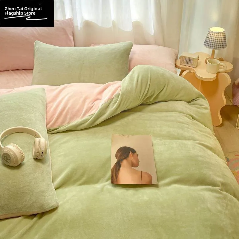 

Thickened Milk Velvet Pink Four-piece Set Winter Coral Velvet Duvet Cover Single Quilt Cover Fleece Dormitory Three-piece Set...