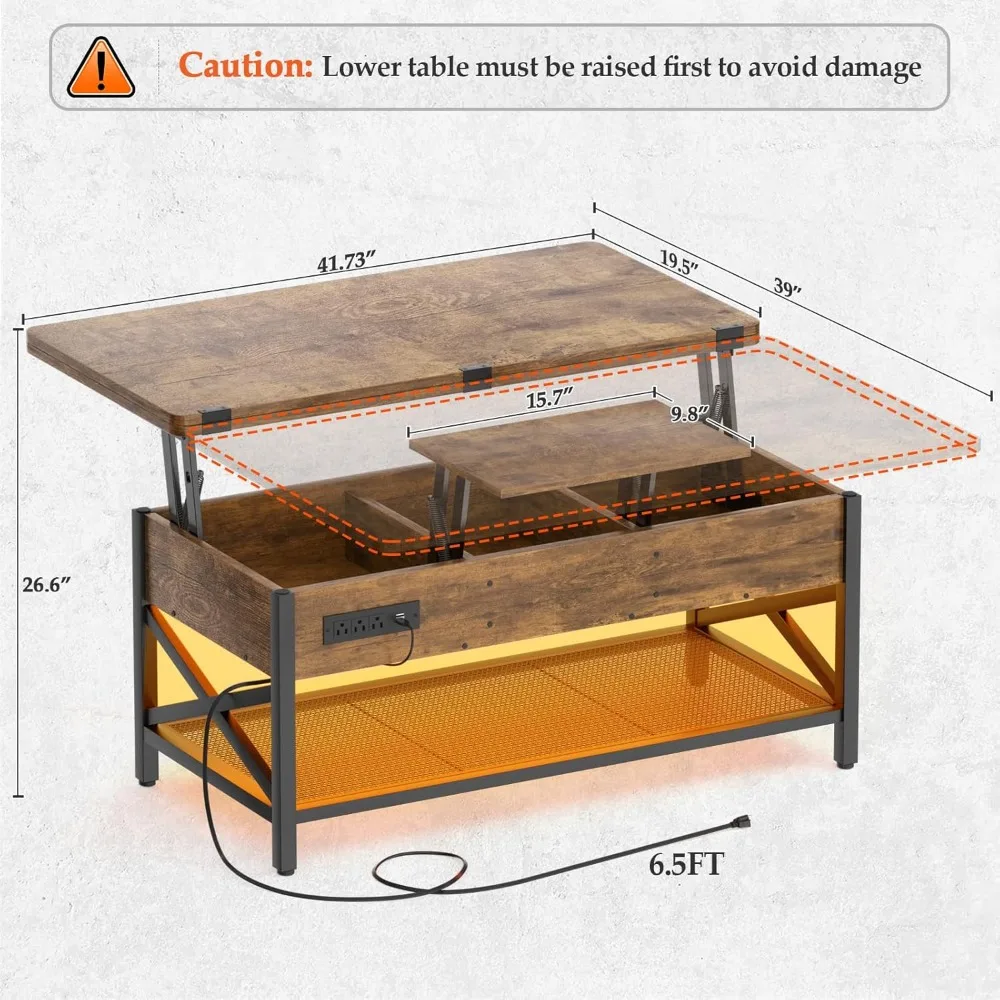 Coffee Table Lift Top with LED Light and Power Outlet, Multi-Function Coffee Table Converts to Dining Table, Center Table