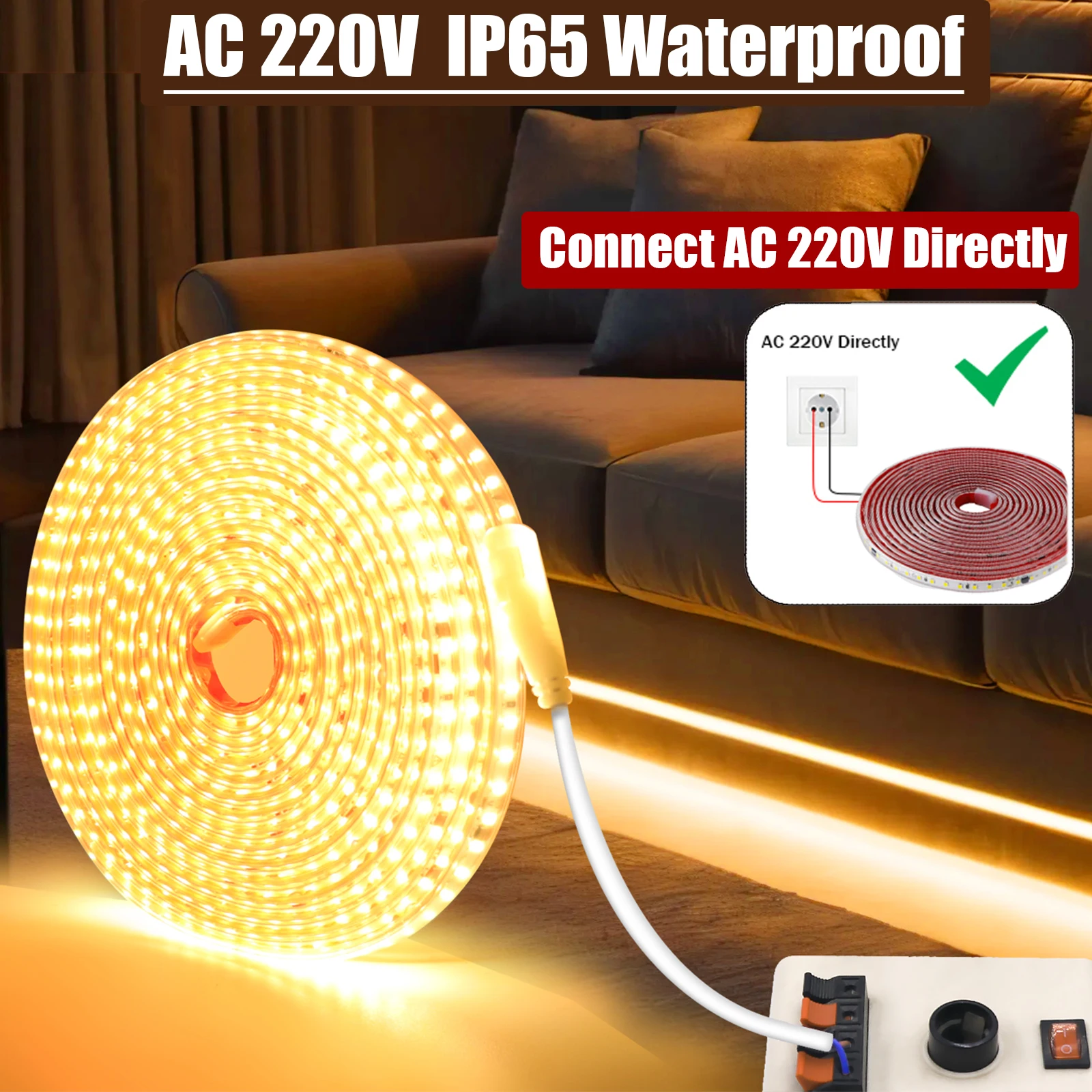 AC 220V LED Strip 120Leds/M Driver Build In 3000K 4000K 6000K IP65 Waterproof Home Decor Flexible Ribbon Rope Tape LED Light