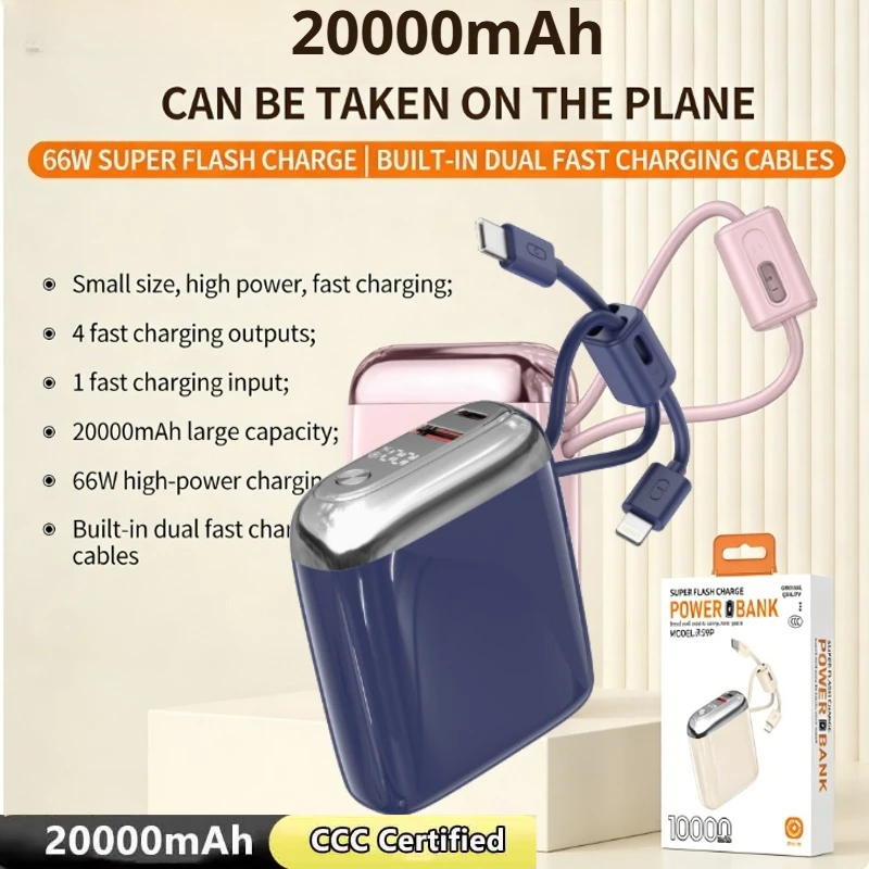 20000mAh Mini Power Bank 66W Super Fast Charging CCC Certified Battery with Cable for Samsung iPhone Xiaomi Huawei