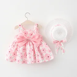 Summer New Floral Sling Baby Girl Dress, Bow Children'S Sleeveless Clothes With Hats As A Gift (9 Months -3 Years Old)