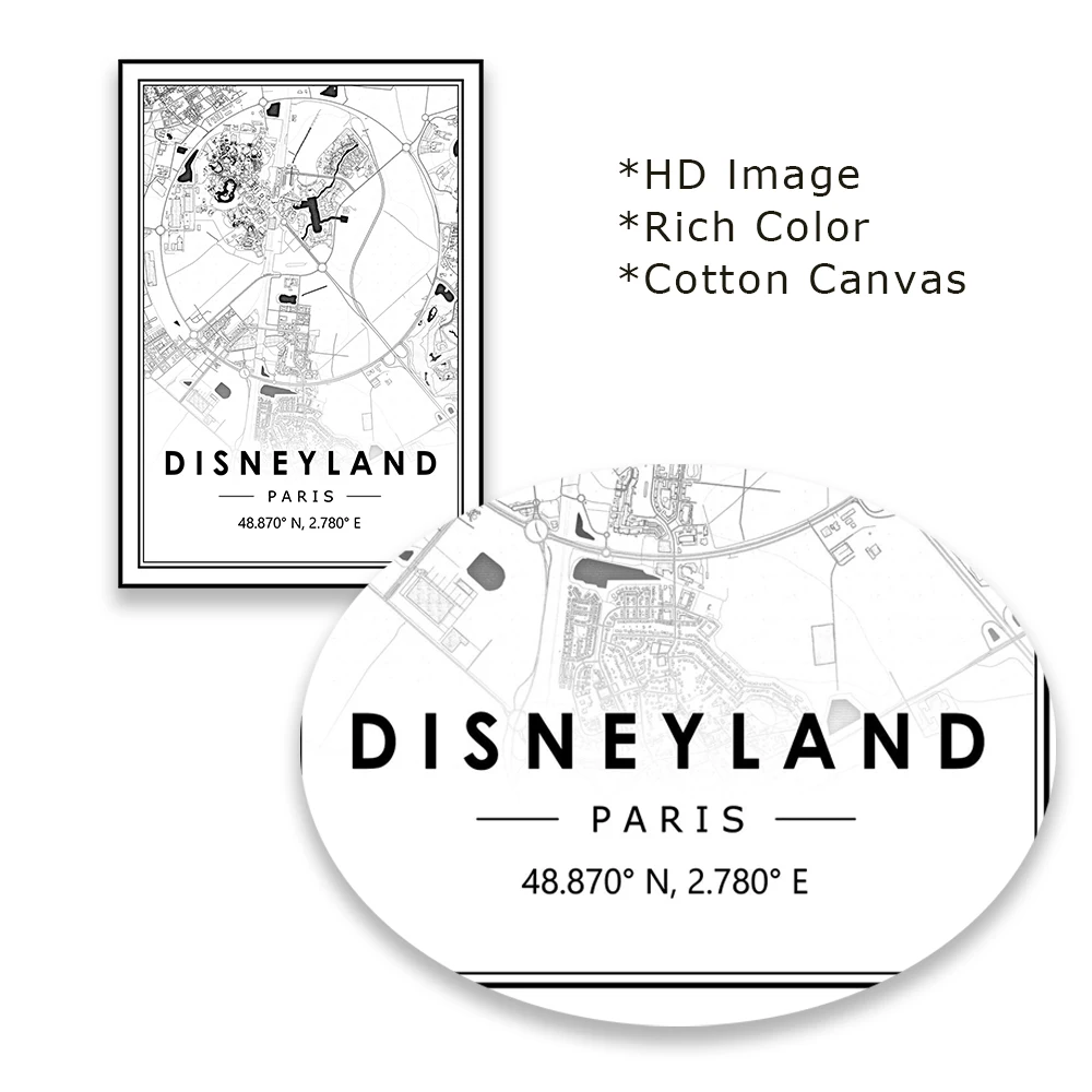 Disneyland Paris Poster Black and White Print Minimal Scandinavian Nordic Art Canvas Painting Home Kitchen Reading Room Decor