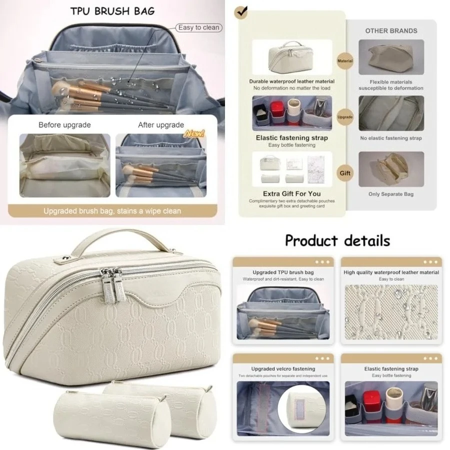 

Travel Makeup Bag for Women: Cosmetic Organizer Bag with Compartments - Leather Make up Bags Set of 3 (G-2-White)