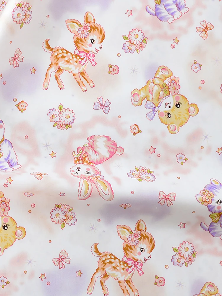 Rabbit Cat Pure Cotton Fabric Handmade DIY Clothing Cute Cartoon Showa Style Small Animal by Half Meter