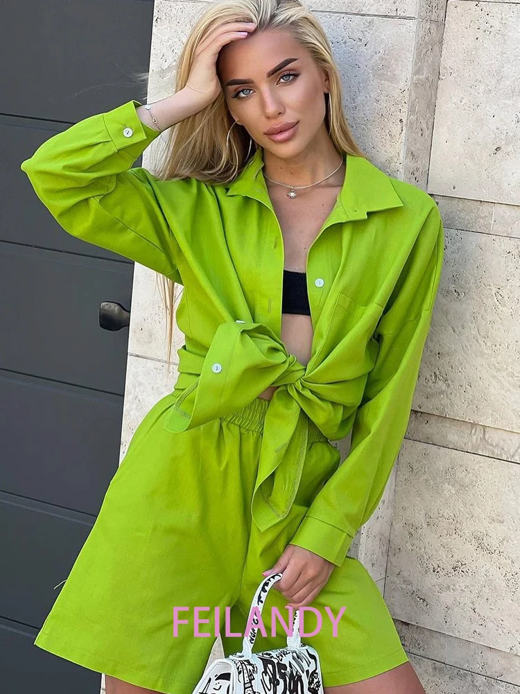 세트 녹색 라펠 긴팔 셔츠 세트, 우아한 캐주얼 하이웨이스트 팬츠, 여성 의상, 여름 투피스 세트