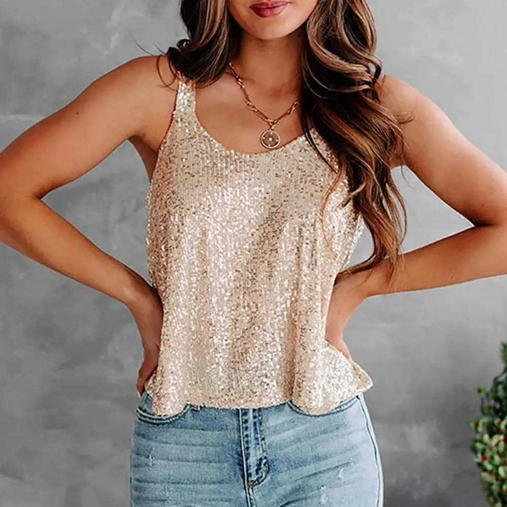 Women Party Tops Sleeveless Sling Sequin Tops Loose Fit Soft Stretchy Sparkling Shimmering Vest Party Clothing