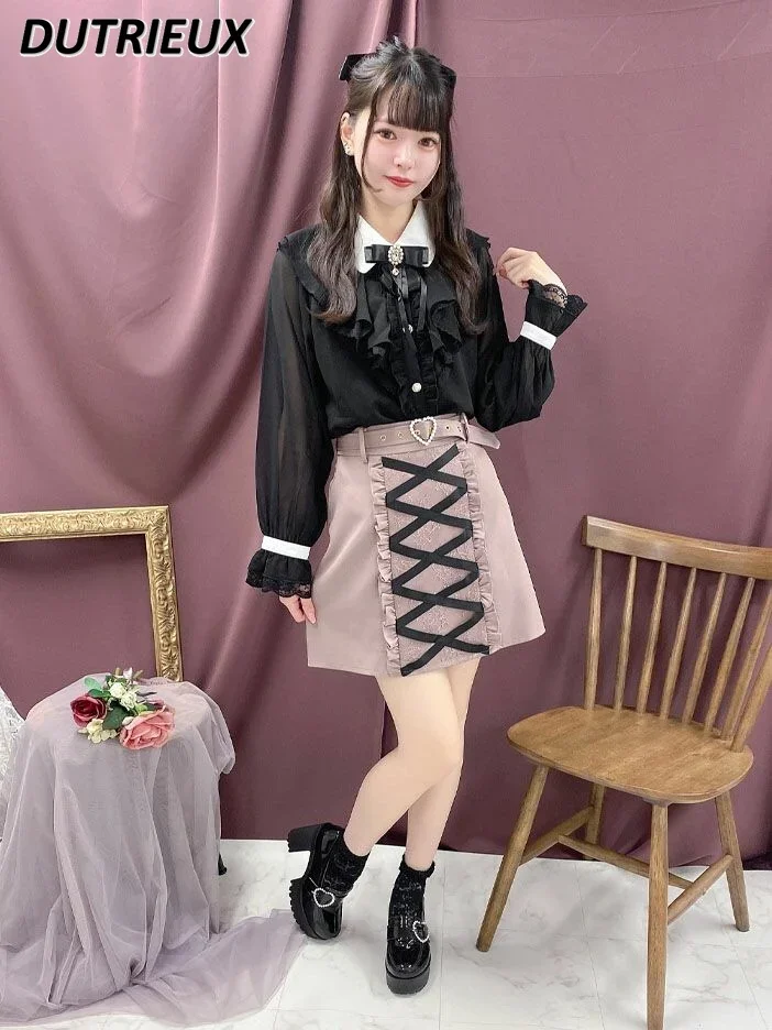 

Japanese Girls Mini Skirts for Women Kawaii Lolita Korean Fashion Short Skirt Female High Street Bandage Love Pink Skirt Faldas