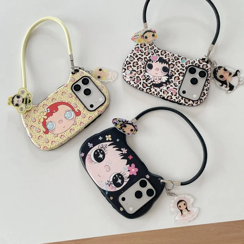 

Fashion Leopard Print Flower Girl Hand Bag Case For iPhone 17 Pro 16 15 Pro Max Phone Cover with Hand Rope Shockproof Cases Fund