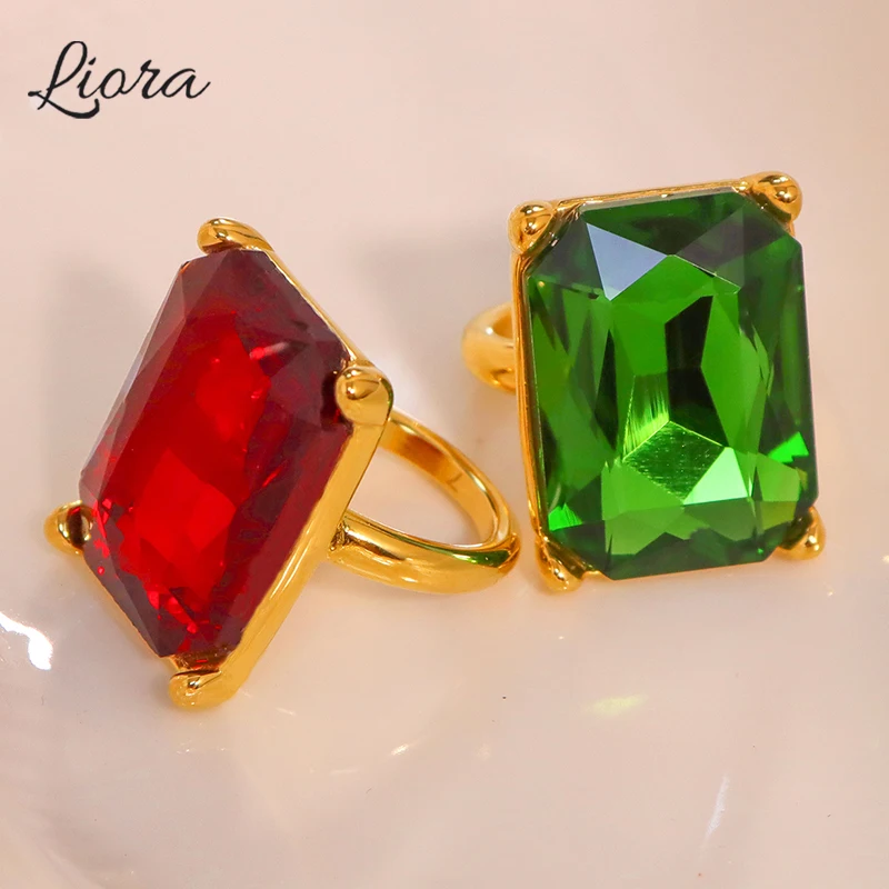 Liora Large Square Cubic Zirconia Rings For Women Stainless Steel Eye Smiley Open Statement Rings Waterproof Fashion Jewelry