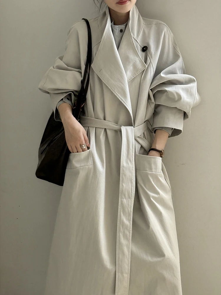 FANAN غير النظامية الوقوف الرقبة طويلة خندق للنساء حزام تجمع الخصر سترة واقية مكتب سيدة معاطف الإناث 2025 الخريف جديد