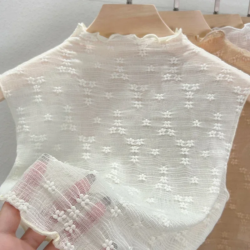المرأة الكورية نصف الياقة المدورة الزهور الدانتيل سترة الصيف بلا أكمام الدانتيل جوفاء تانك الأعلى