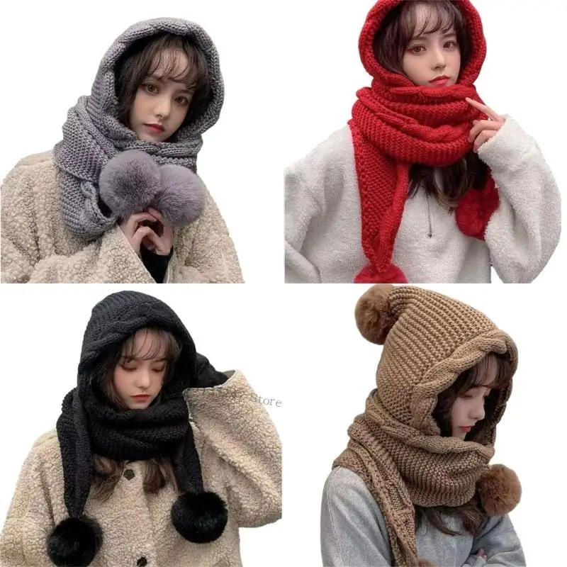 

Knitted Scarf Hat with Ball and EarFlaps Soft Pullover Hat Winter Accessory Unisex Headwear for Outdor Activity