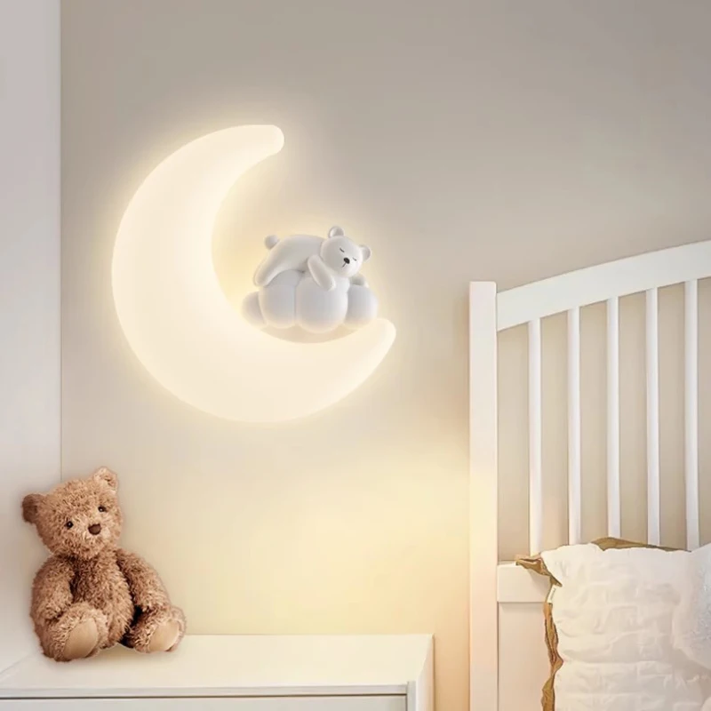 Cute Bear White Rabbit Light Children\'s Room Bedside Wall Lamps Blue Pink Moon Cloud Lamp Boy Girl Bedroom Bedside Wall Lights