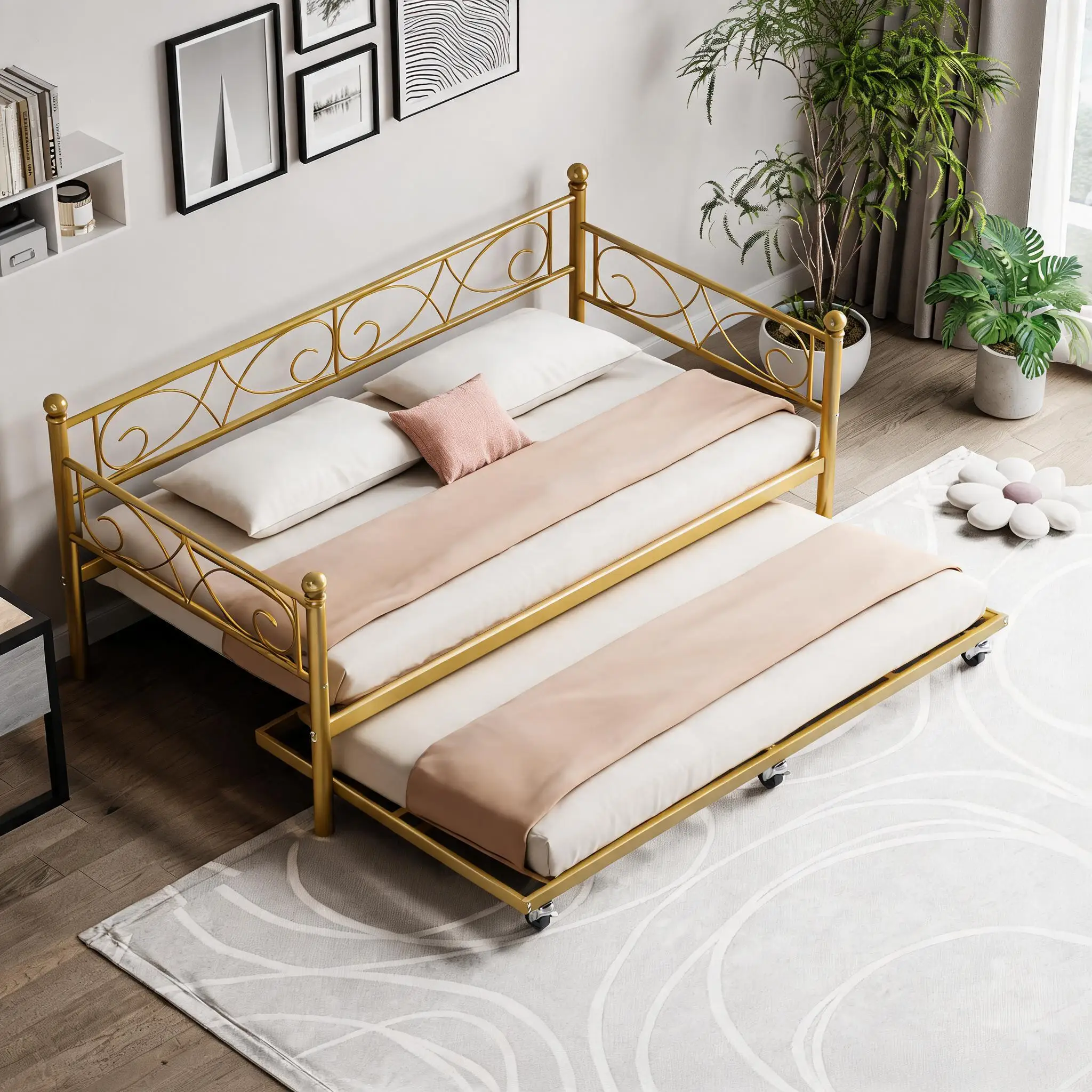 Twin Daybed Small Curved Floral Design Metal Sofa Bed Frame Gold Finish Twin Size Guest Bed Living Room Bedroom Iron Furniture Set