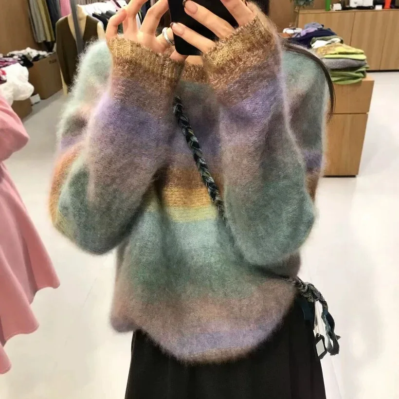 Cross-border girls' sweater  100% brushed silk cashmere rainbow gradient floral yarn sweater knit shirt