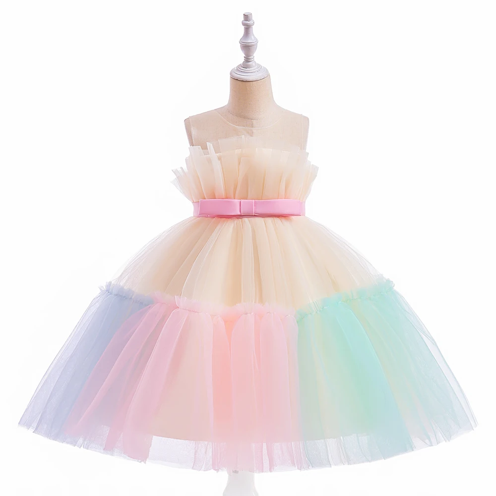 Elegant Ruffles Wedding Party Baby Girls Dress Tulle Pink Bow Bridemaid Princess Birthday Kids Dresses For Girl Evening Costumes