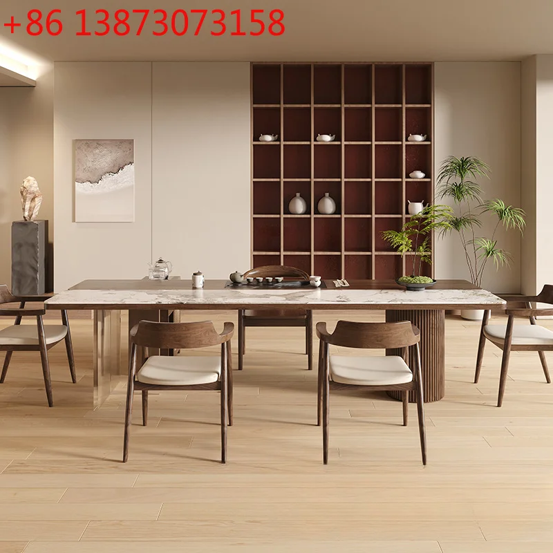 

Wabi-sabi balcony tea table and chair combination rectangular table workbench rock slab solid wood tea table with tea tray