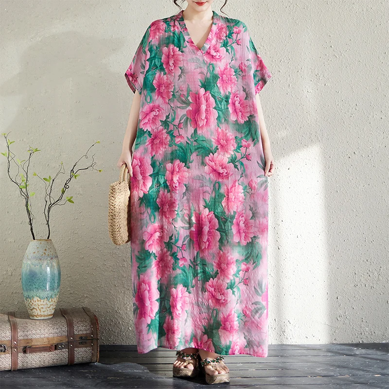 

Новое летнее свободное хлопково-льняное длинное платье с V-образным вырезом в пляжном стиле для отпуска, женская пляжная юбка, художественное городское платье с коротким рукавом