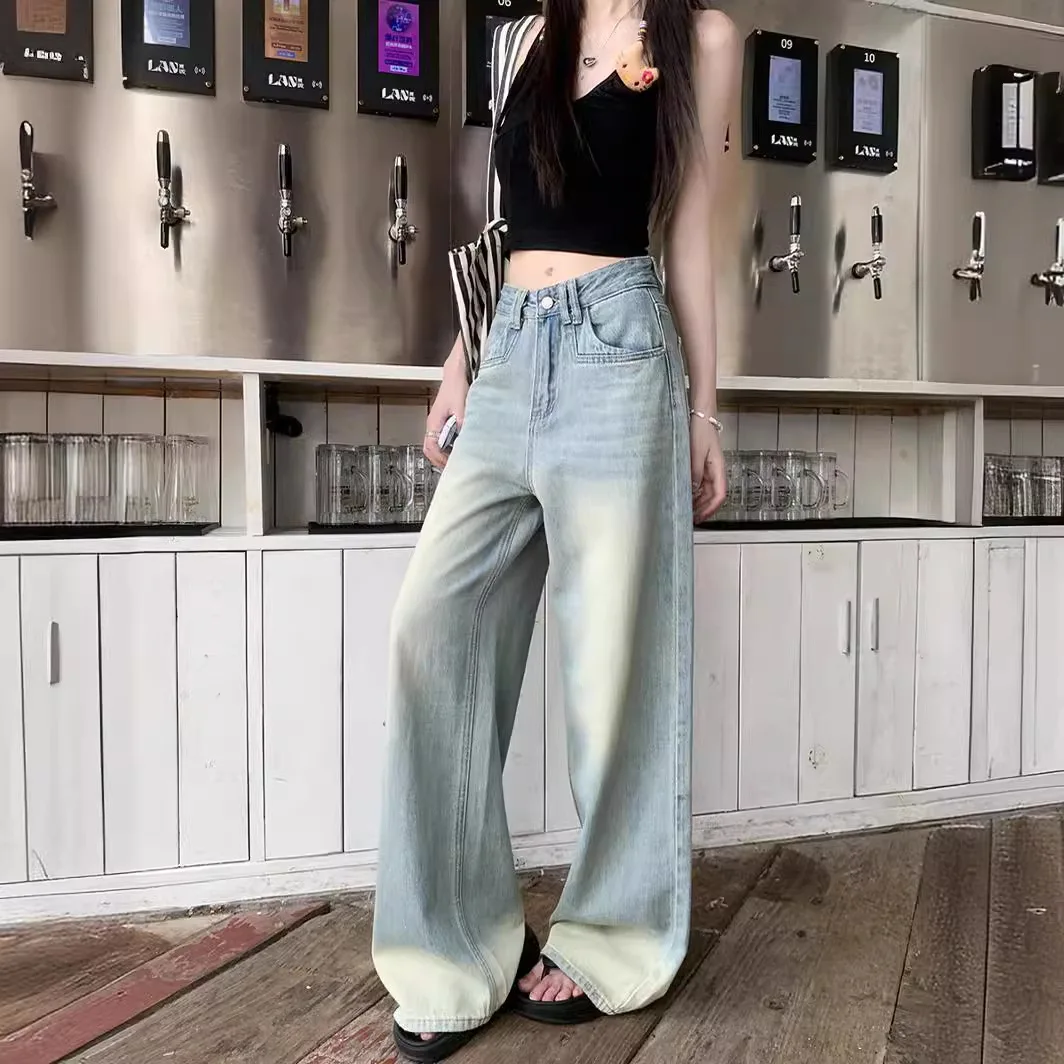 

2024 Spring and Summer New Style Distressed Washed Jeans Women's Loose Straight Wide-leg Mopping Trousers Women