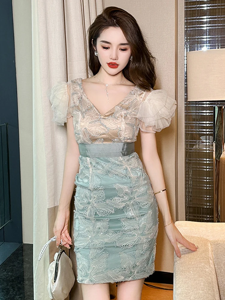 High Quality Host Banquet Dress for Women Fairycore Chic Sheer Mesh Embroidery Bodycon Short Gown Birthday Date Party Vestidos