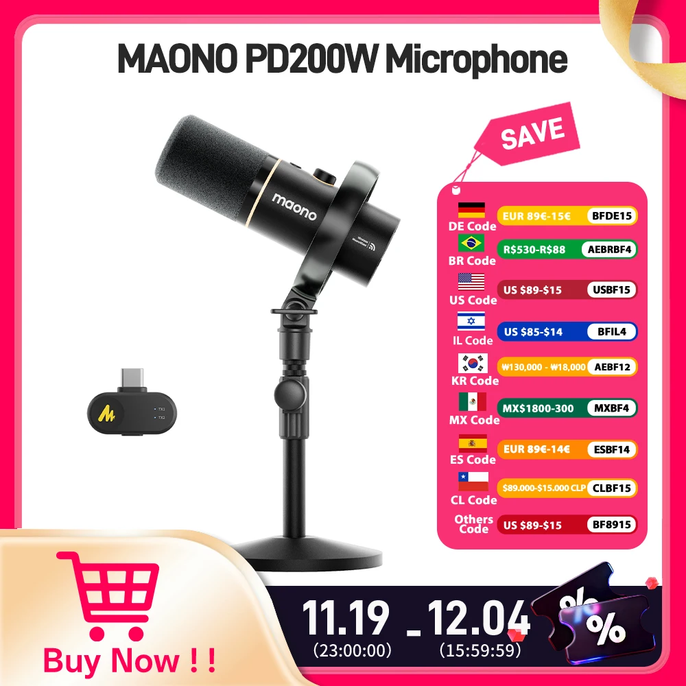

MAONO PD200W Hybrid Wireless Podcast Mic for PC/Phone/Camera,XLR/USB Dynamic Microphone for Streaming Recording Content Creation