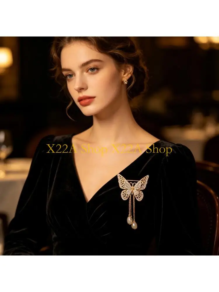 Unique Butterfly Lapel Pin With Hanging Chain Openwork Zinc Alloy Brooch for