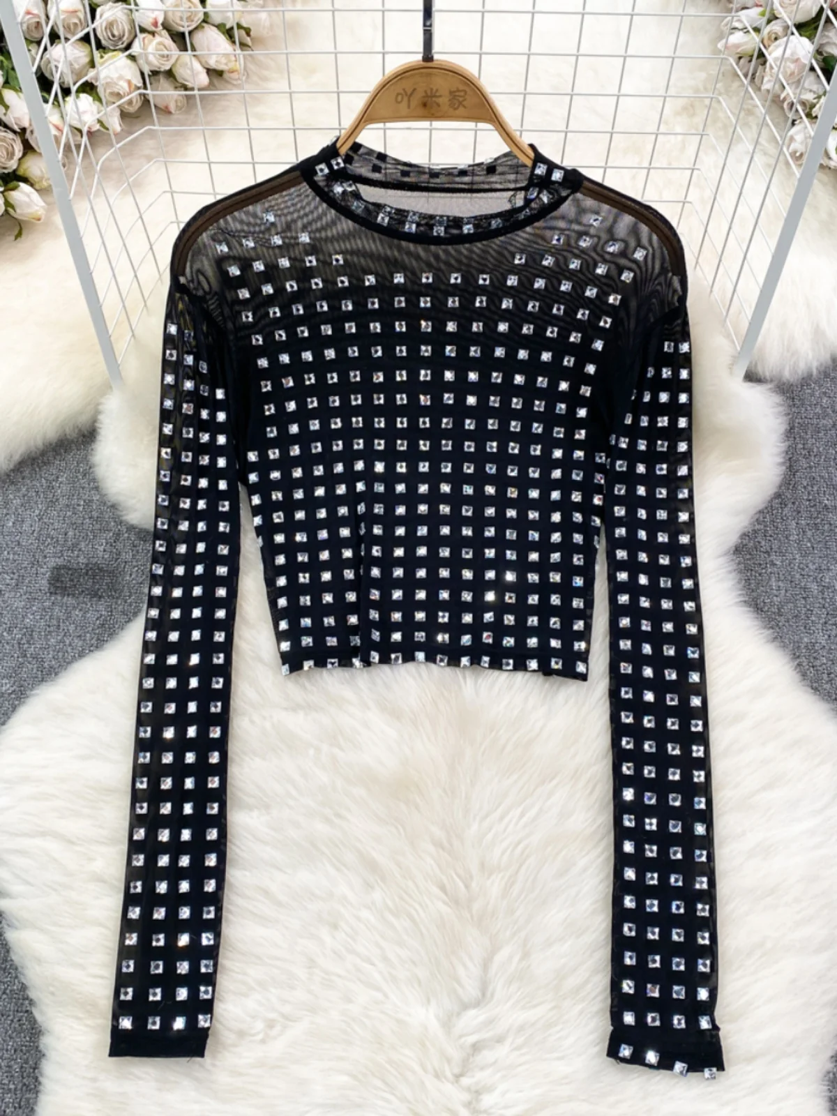 

Women's Spring Summer Sext See Through Diamonds Long Sleeve O Neck T Shirt Lady Streetwear Club Slim Shiny Short Tee Top