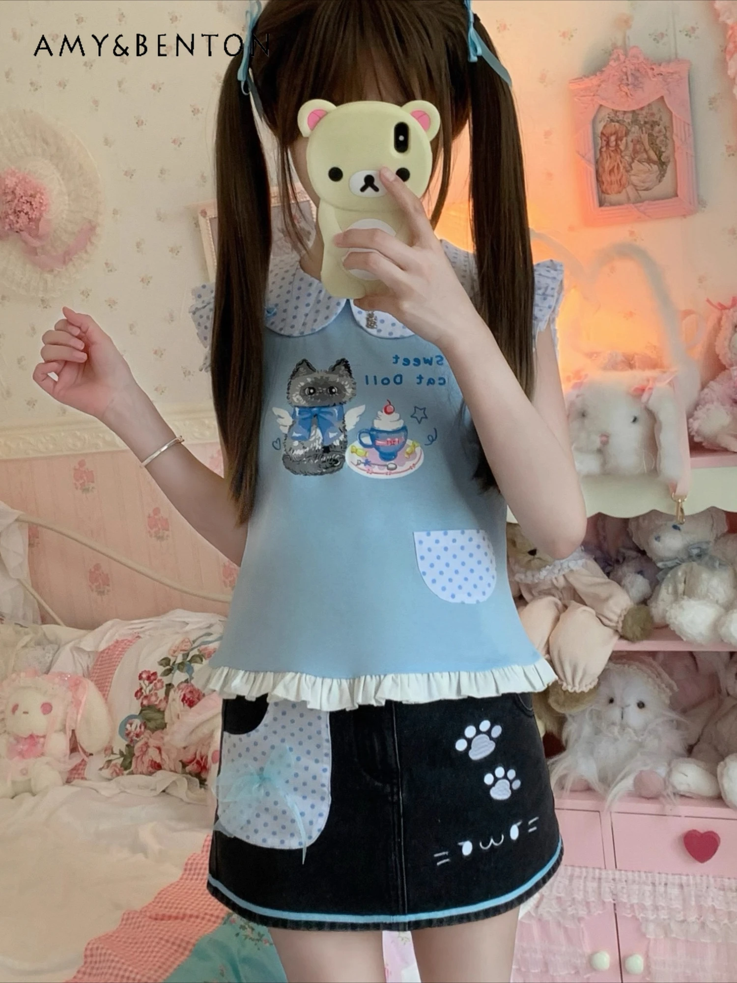 

Summer Cute Polka Dot Print Doll Collar Cartoon Print Puff Sleeve Slim Top High Waist Mini Skirt Two Piece Sets Womens Outifits