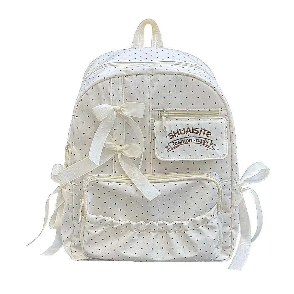 Nylon Polka Dot Bow Backpack Multi-Compartment Large Capacity Daypack Polyester Lining Zipper Closure Travel Backpack