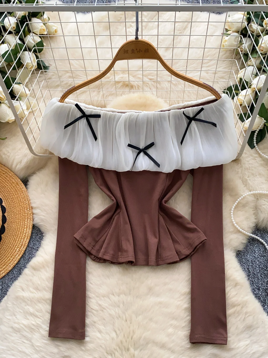 oulder Bows Color Blo Long Sve T-Shirt Damen Slim Fit Pure Desire Top Korean Sle Commute Faion Atmungsaktive Haut-F...