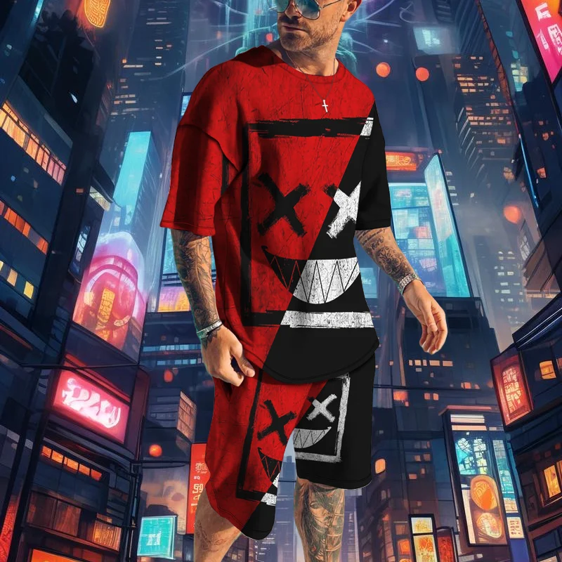 

2025 Summer Best-selling Fashion Abstract Printing Men's Short-sleeved Suit Casual Comfortable Simple Trend Street Sports Suit