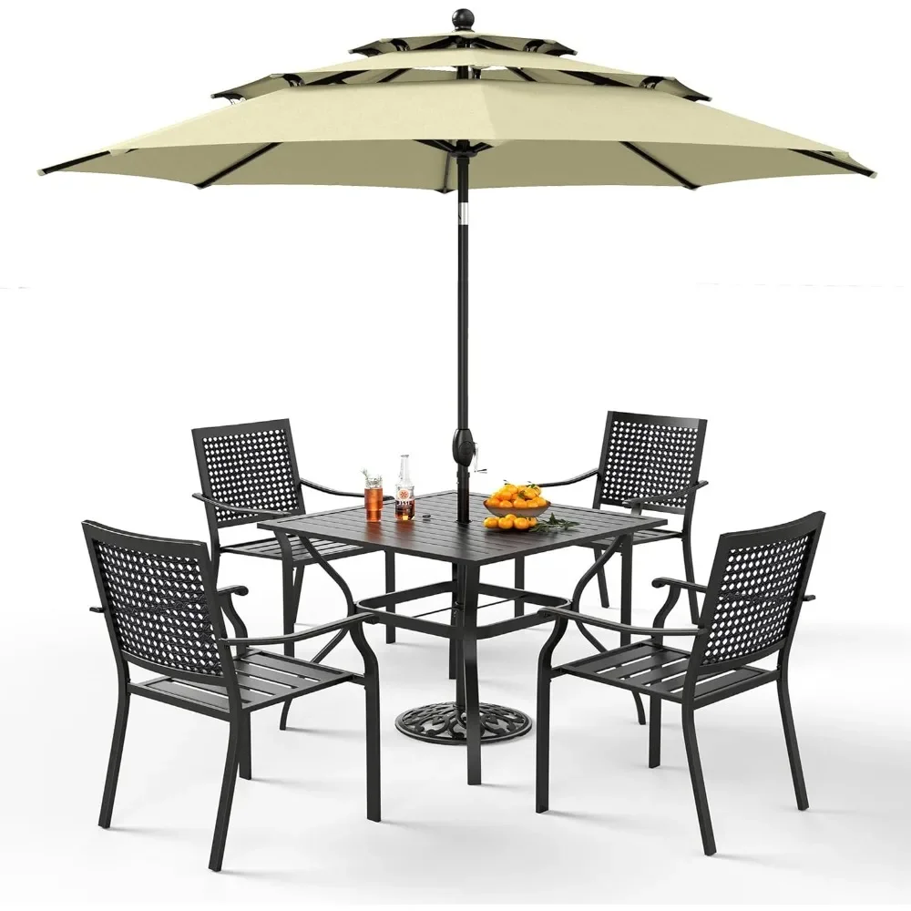 Five Pieces Patio Set, Dining For Four With, 10Ft Umbrella Metal Outdoor, Stackable Wrought Iron Chair