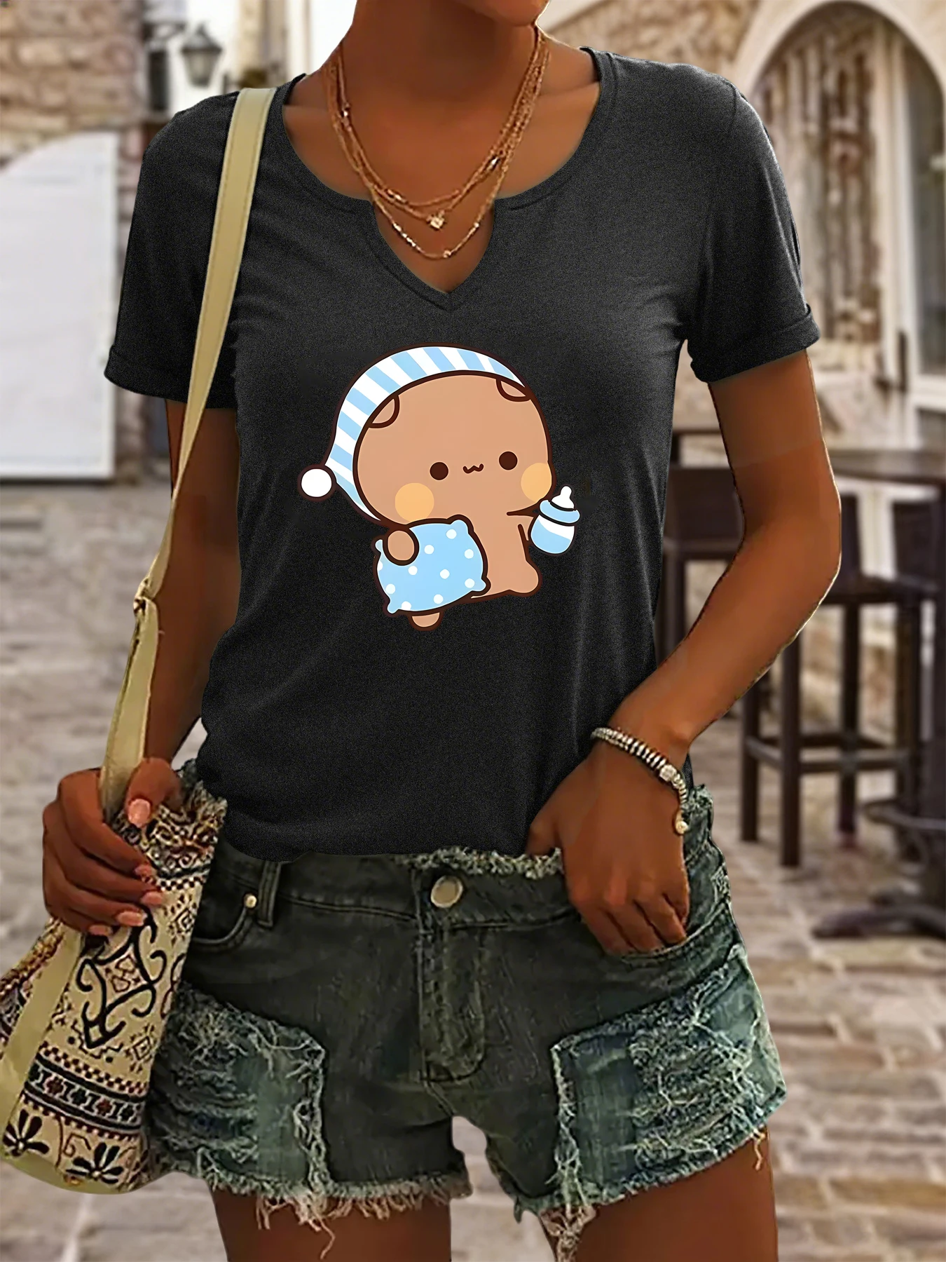 Women's Summer V-Neck Short Sleeve T-Shirt, Cute Cartoon Baby with Pillow & Bottle Print, Kawaii Casual Top