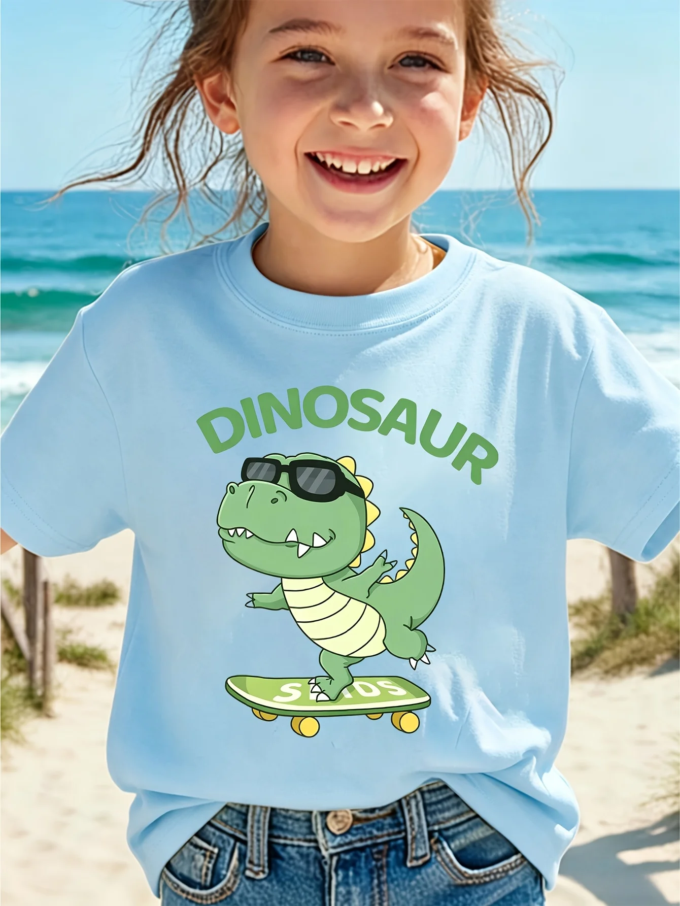 Cool Skateboard Dinosaur Kids T Shirt Sunglasses T Rex Print Short Sleeve Tee Boys Girls Soft Cotton Casual Tops Daily Wear Gift