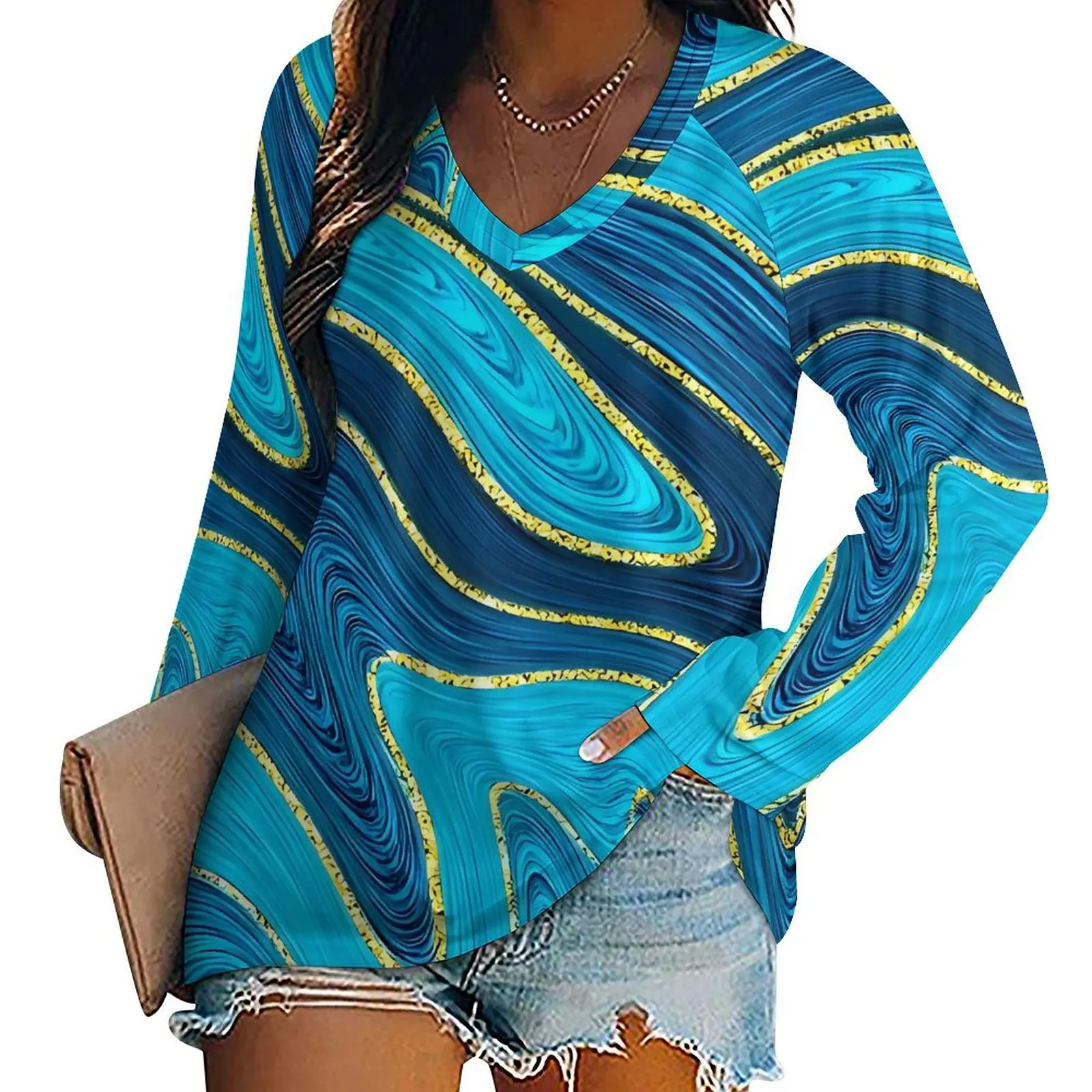 Blue And Gold Marble Swirls Art T Shirts  Y2K T Shirt Ladies Long Sleeve Casual Loose Tops Oversize V Neck Graphic Top Tees