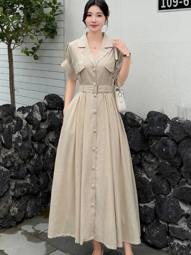 فستان SMTHMA الفرنسي الكوري الأنيق للنساء لصيف جديد 2025 فساتين طويلة أنيقة بمزاج الخصر النحيف السخية مع حزام