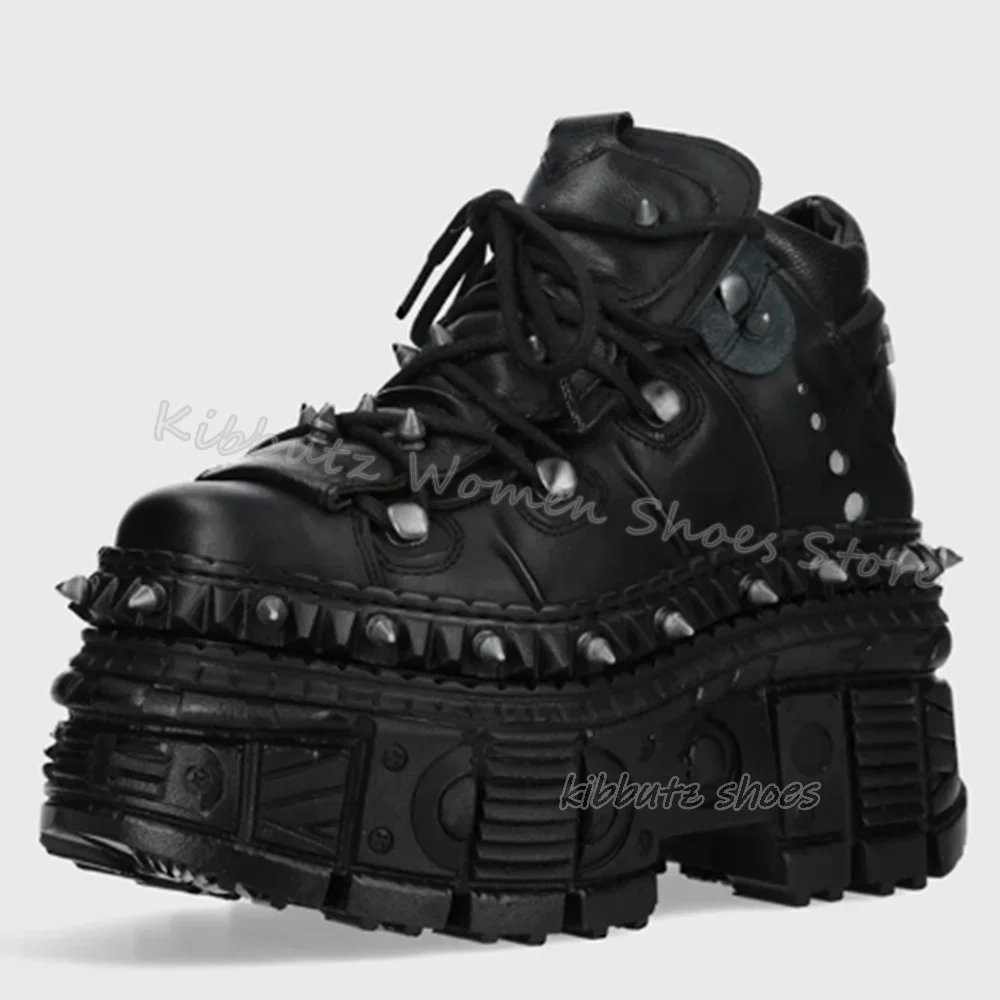 Rivets Gothic Sneaker Thick Bottom Platform Punk Rock Dark Style Lace-Up Fashion Sexy Women Shoes Round Toe Genuine Leather New