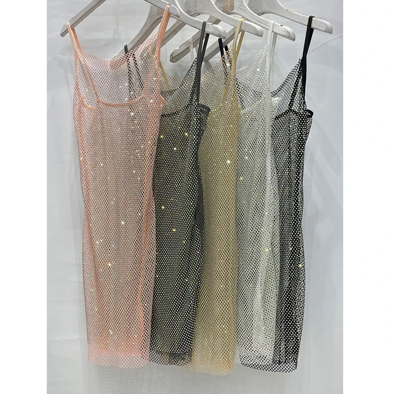 

2022 Women Loose Diamond Vest Dress Perspective Sparkling Crystal Skirt Ladies Shining Cover Ups Female Glitter Anteprima