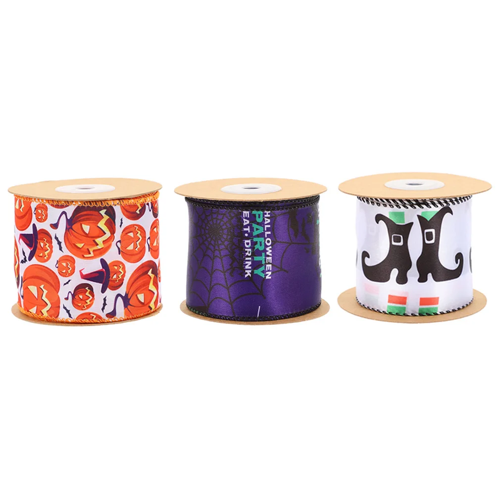 

3pcs 3 Rolls 5 Yards Halloween Decorative Ribbons Premium Polyester Iron Gift Wrapping Bow Making Wreath Holiday Party Supplies