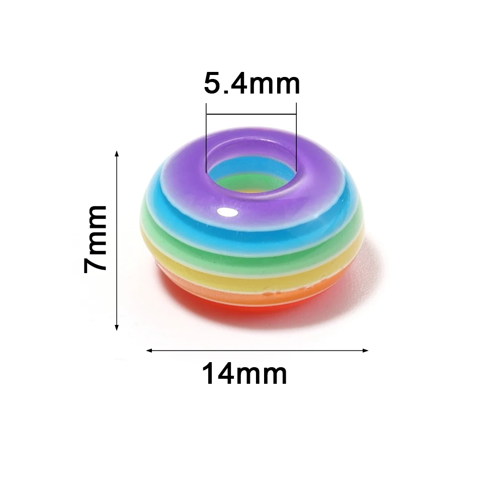 50 Stück 14 mm Regenbogen-gestreifte Harzperlen, flach, rund, großes Loch, lose Abstandsperlen für die Schmuckherstellung, DIY-Schlüsselanhänger, Armbandzubehör – Detail 1