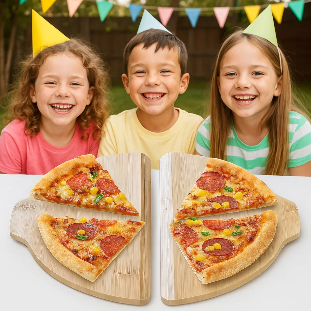 Tabla de Pizza de bambú semicircular con mango, utensilio de cocina, pala para Pizza de madera de bambú, bandeja de fruta para Sushi y pan grueso, 2 uds.