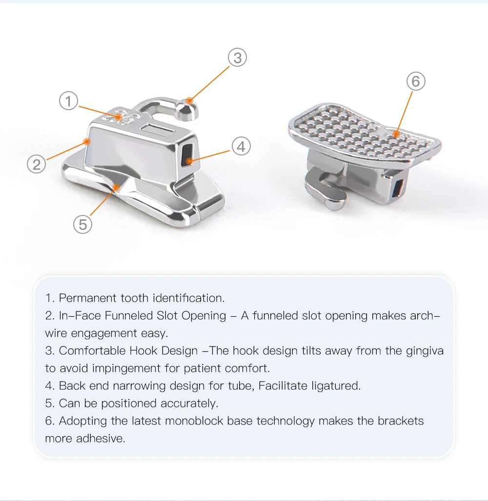 3 Boxen AZDENT Dental Kieferorthopädische Halterung Zahnspangen Sphärische Monoblock selbstligierende Halterungen ROTH/MBT 022 Haken mit Bukkalröhrchen – Detail 9