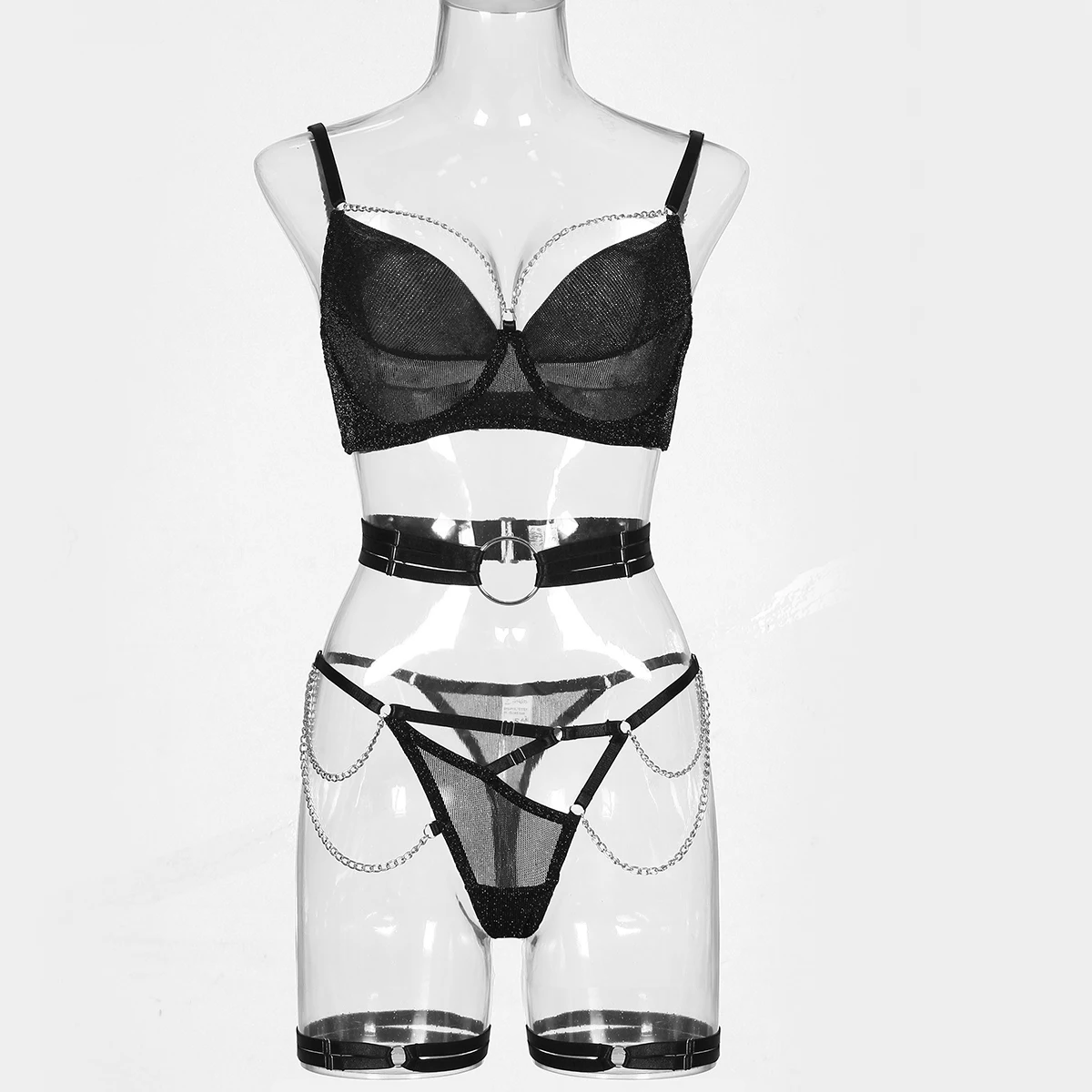 MUZISKAT 5-Piece Black Bra Set Women Patchwork See Through Mesh Lingerie Set Ladies Sexy Panty Underwear Set