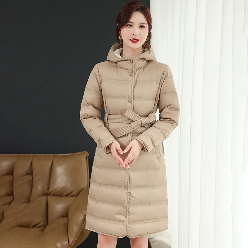 2023 New Arrivals Women Hooded 90% White Duck Down Ultralight Thin X-long Jackets Female Tight Waist Slim Office Lady Warm Coat