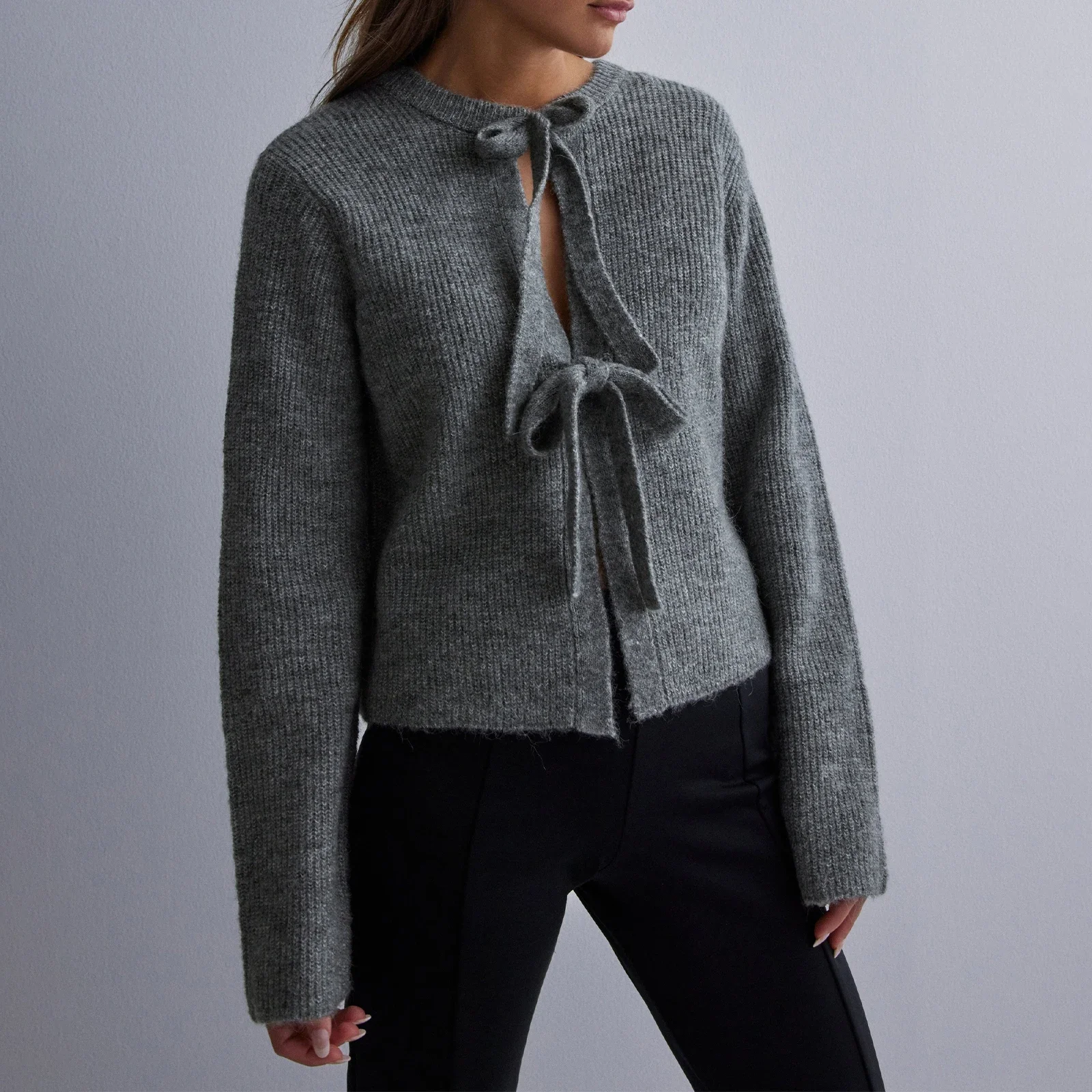 Women's Knit Sweater Long Sleeve Crew Neck Bow Tie Front Solid Color Cardigan Hollow Out Sweater Winter Fall Streetwear