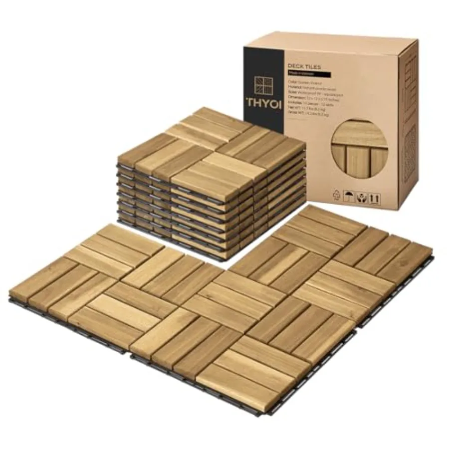 

10 Pcs Deck Tiles, Patio Flooring - Outdoor Waterproof Acacia Wood Tiles for All Weather Use - Balcony, Backyard, Indoor and Ou