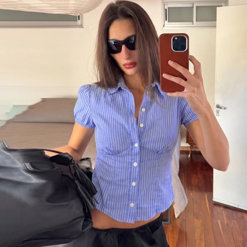 

Tuularose Women's Striped Shirt Fashion New Contrast Lapel Slim Shirt T-Shirts Summer Casual Chic Commuting Elegant Women's Tops