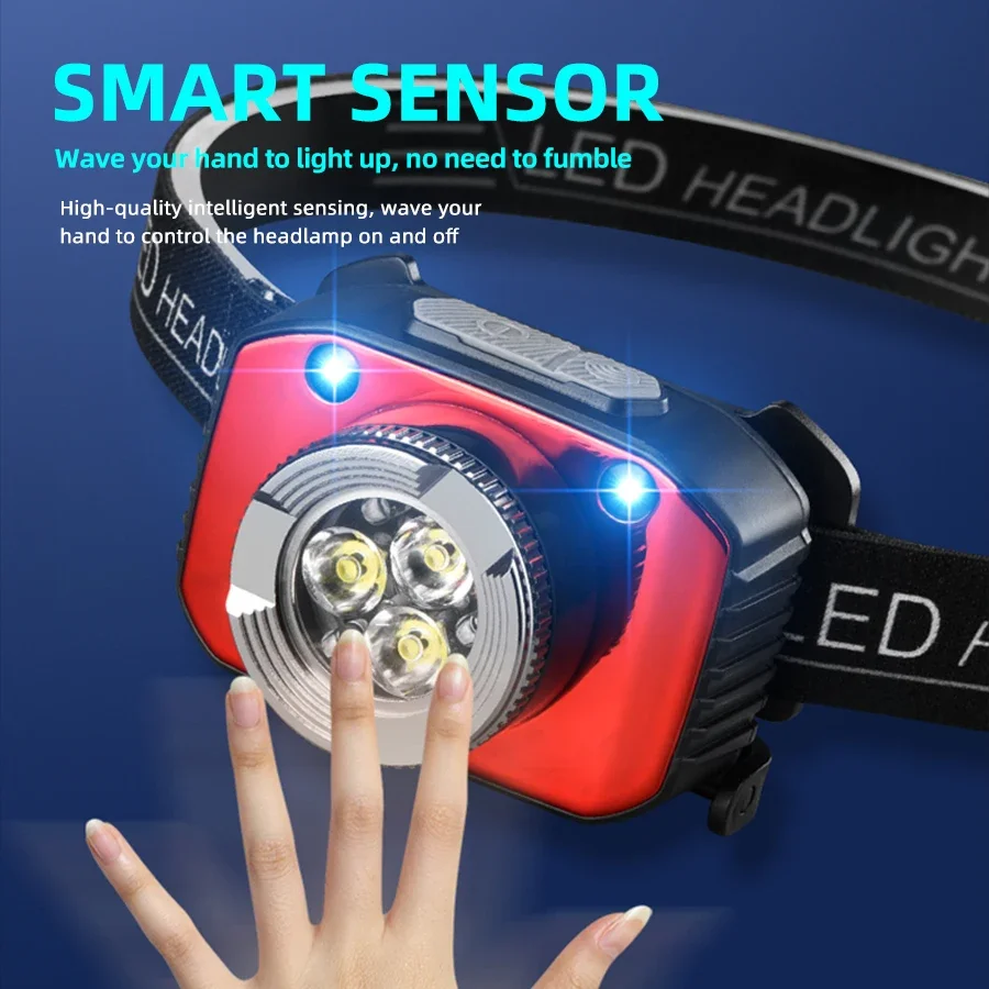 Imagen 3: Mini linterna frontal recargable con Sensor potente, linterna frontal USB para pesca y Camping, linterna frontal con 3 luces LED
