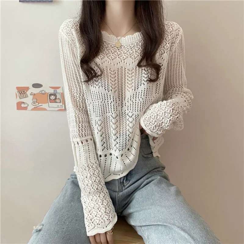 Spring and Summer Casual Hollow Crocheted Sweater Long-sleeved Top Women\'s Retro Japanese Style Sweet Design Niche Knitwear