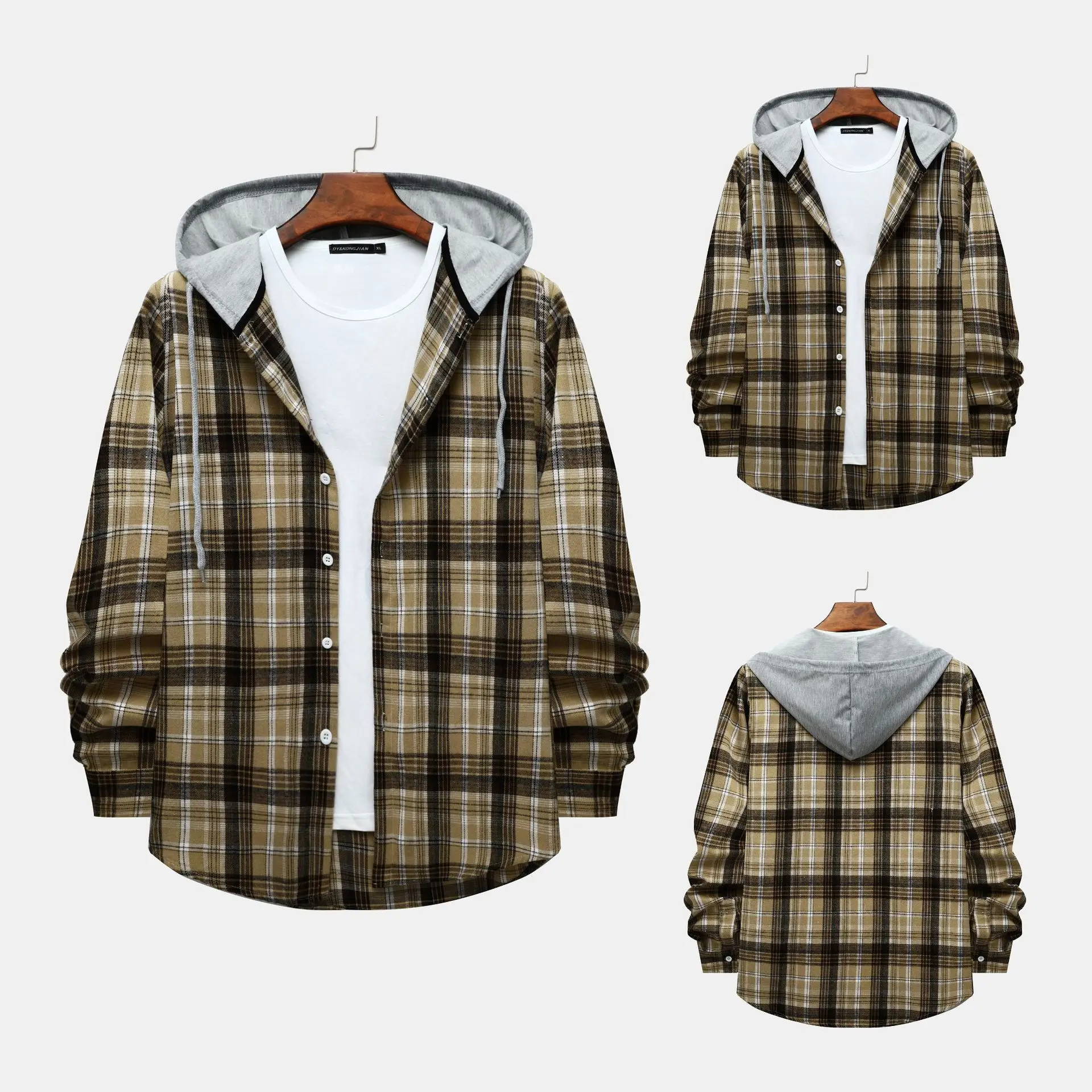 Men\'s Hooded Plaid Shirt Jacket Casual Shirt Jacket